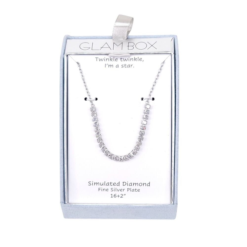 Glam Box Necklace Tennis Fine Silver Plated Simulated Diamond Women Jewelry 16+2